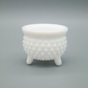 Vintage Fenton Milk Glass Hobnail Mustard Kettle Footed Open Salt Cellar